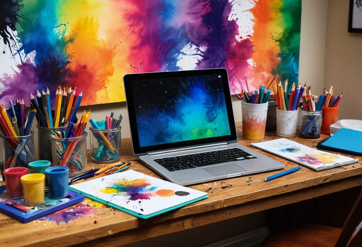 An artist's desk cluttered with vibrant art supplies, a digital tablet displaying a captivating story, and flowing colorful ink splashes in the background representing creativity and ideas. The scene should evoke a sense of inspiration and narrative unfolding. super-realistic. vibrant colors. cozy atmosphere.