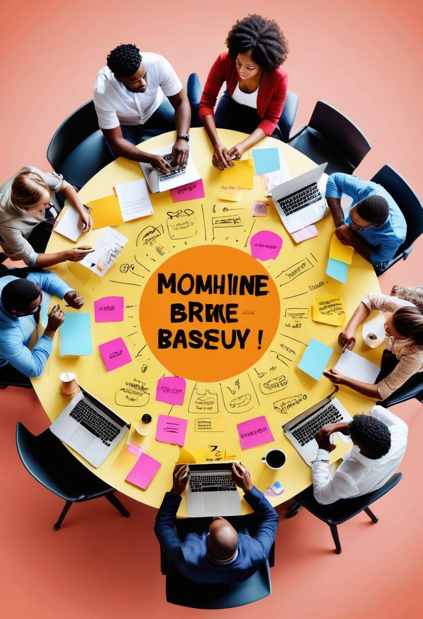 A vibrant brainstorming session scene with diverse individuals sharing ideas around a large round table, surrounded by sticky notes, laptops, and coffee cups. Above them, a thought bubble filled with various blog topics and creative icons like light bulbs, pens, and charts connects to their heads, symbolizing the transformation of ideas into impactful content. The background features a visually engaging digital landscape representing the blogosphere. super-realistic. vibrant colors. dynamic composition.