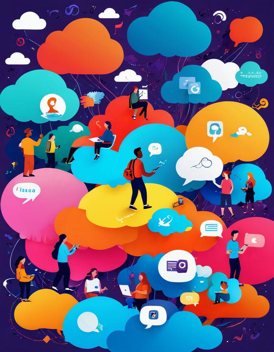 A whimsical and vibrant illustration of a diverse group of people navigating a digital landscape filled with floating blog posts, pens, and cameras. They are exploring creative storytelling elements like colorful thought bubbles and imaginative icons symbolizing engagement and creativity. The background is a vivid blend of swirling colors, representing the dynamic nature of the blogosphere, with hints of social media elements. super-realistic. vibrant colors. 3D.